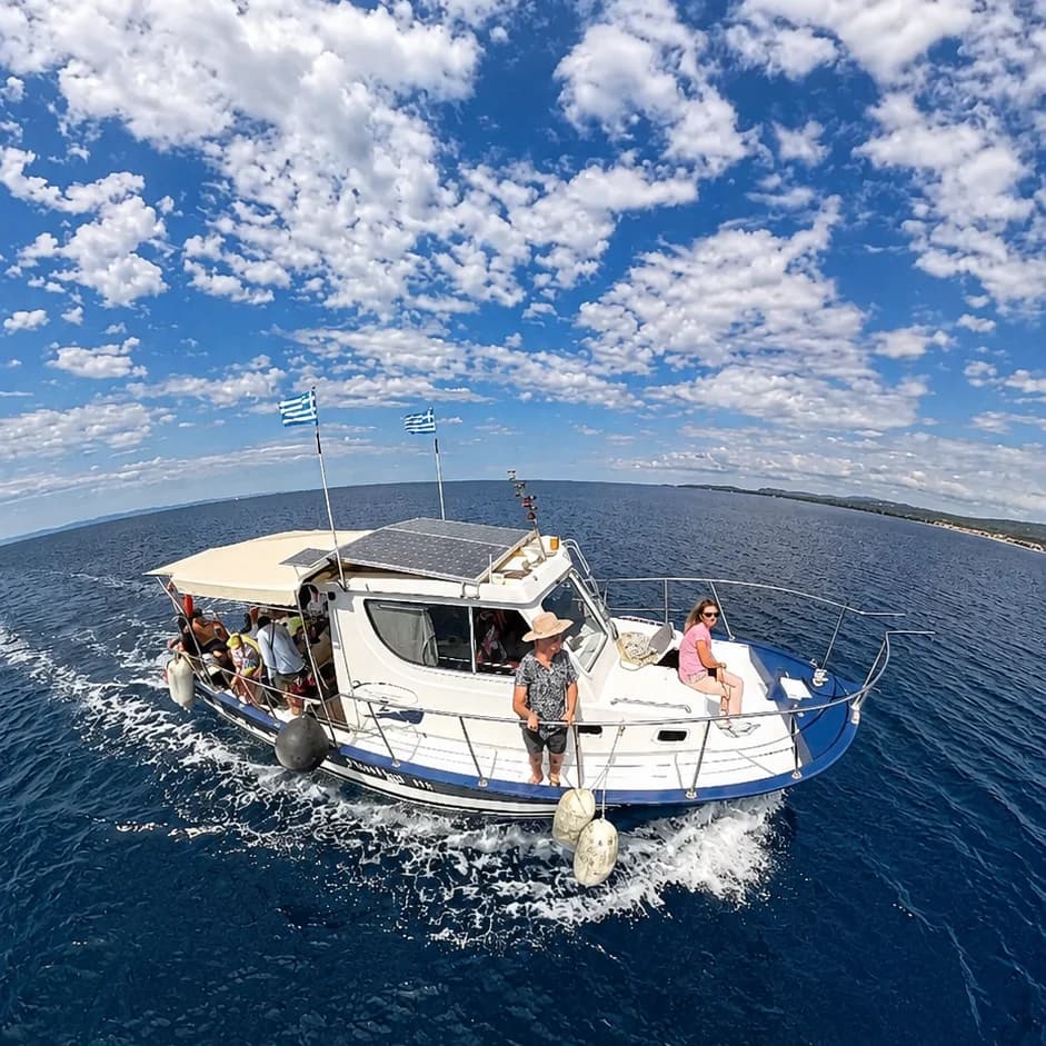 Fishing 4 You boat cruising on the Aegean Sea near Nikiti