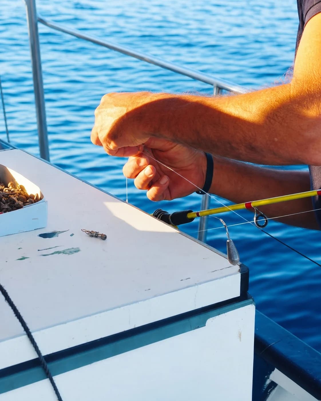 Hands preparing the simple single-hook bottom fishing rig